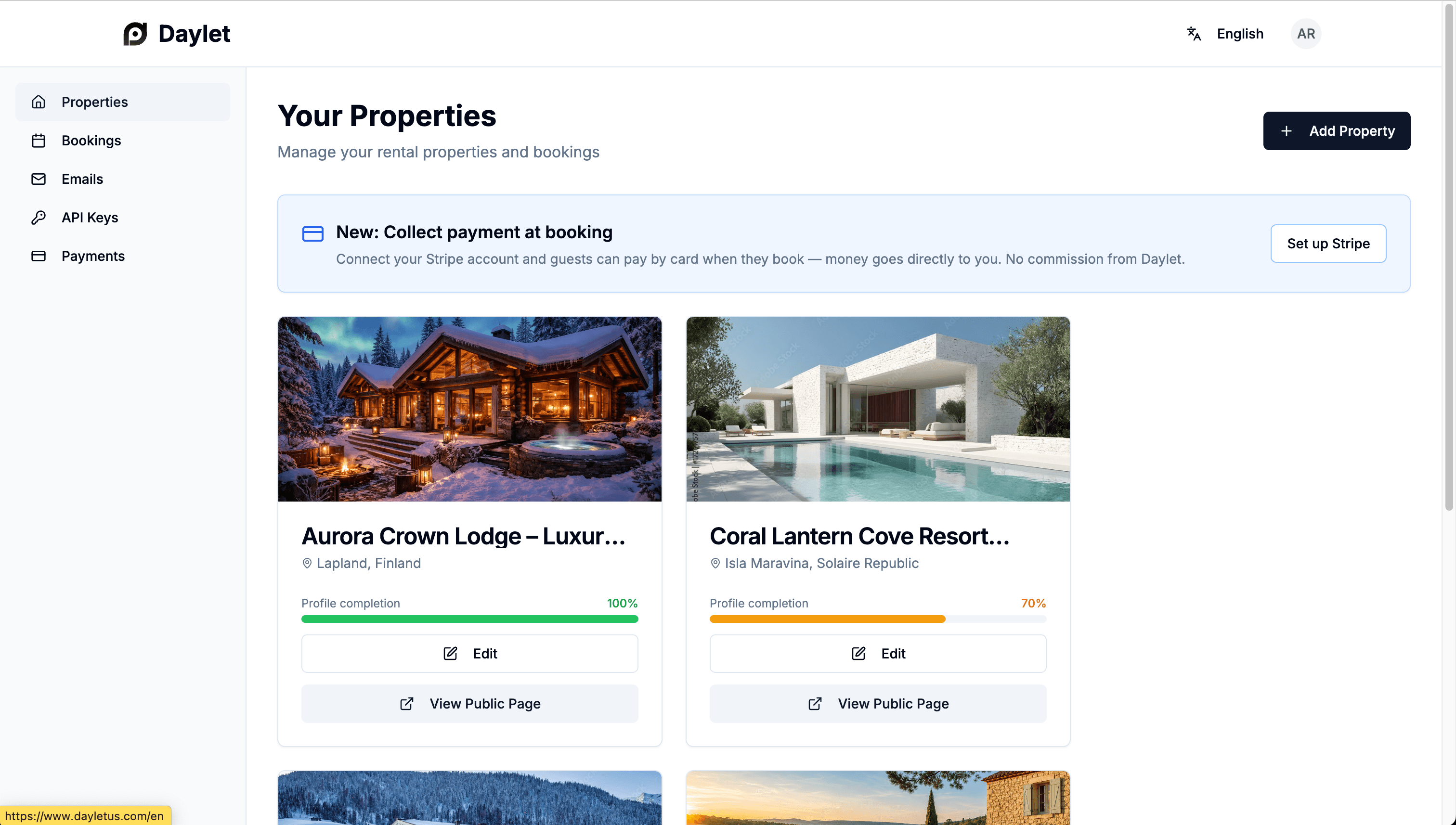 Daylet dashboard showing a list of rental properties