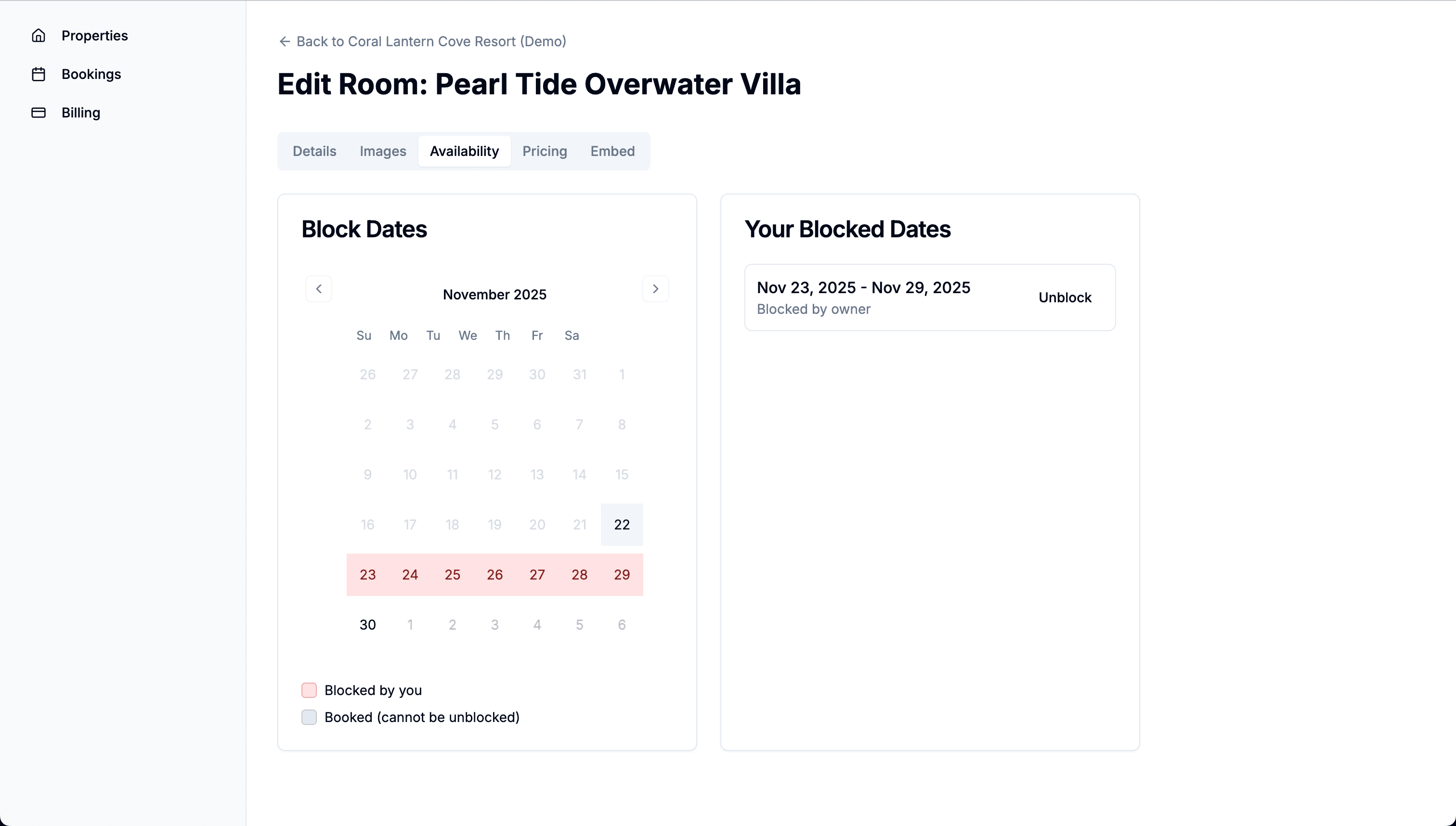 Daylet availability calendar with blocked and booked dates