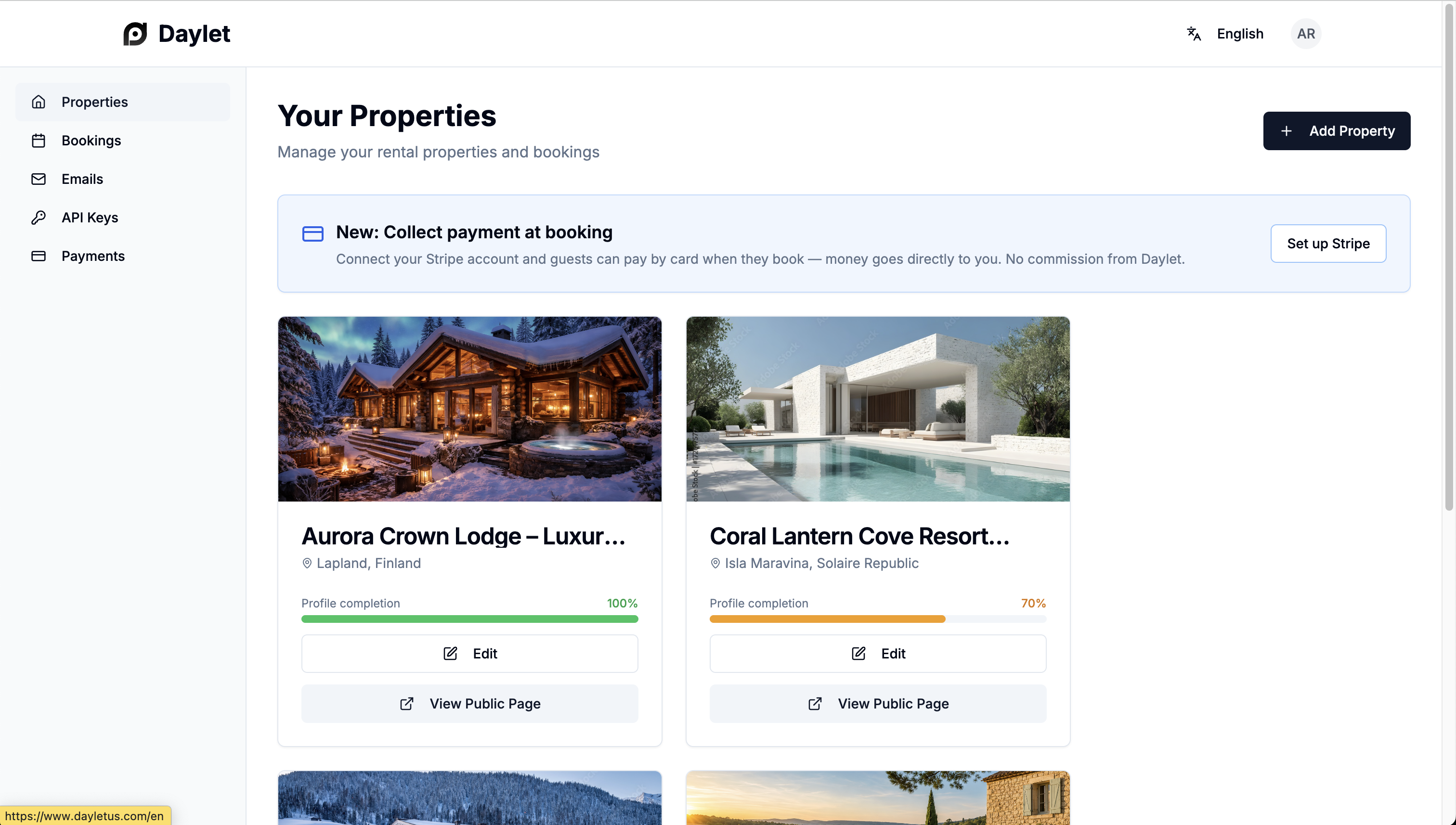 Daylet dashboard showing a list of rental properties
