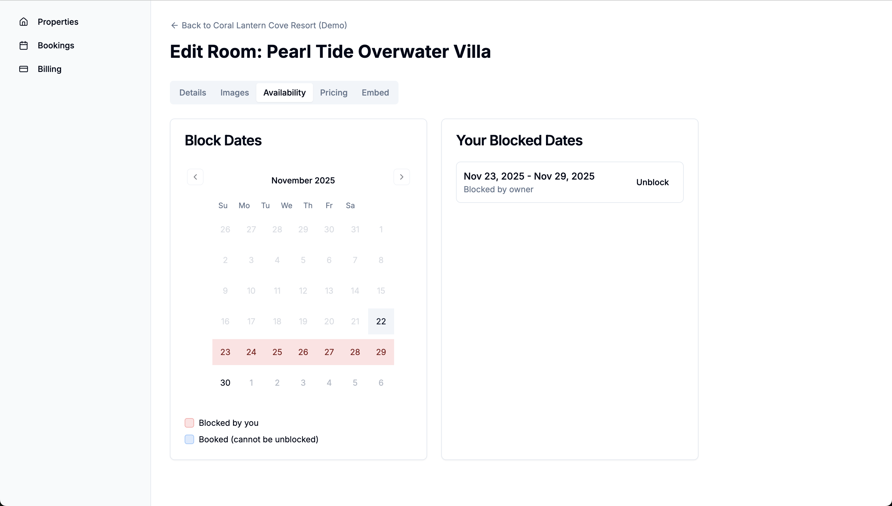 Daylet availability calendar with blocked and booked dates